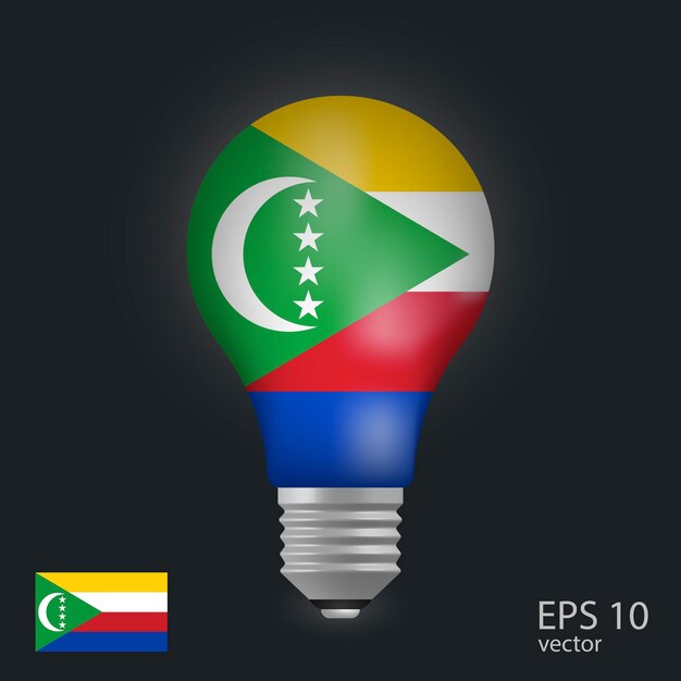 Vector light bulb with flag of Comoros 3D rendering isolated on gray background