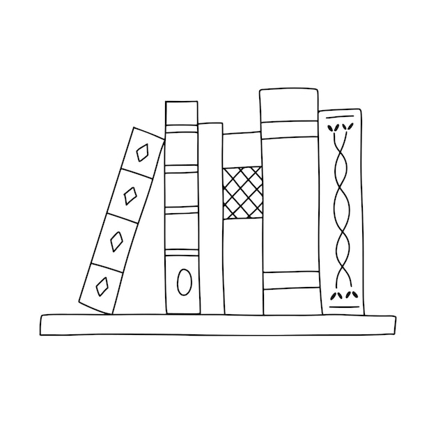 Vector line books stack on bookshelf Outline doodle illustration isolated on white