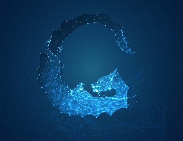 Vector long dragon snake on a deep dark blue background in the style of triangular polygons and glowing crystals