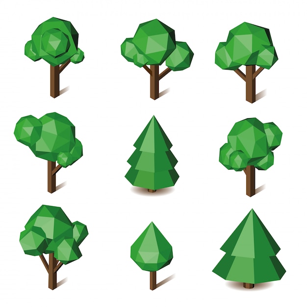 Vector Low poly green triangle pixel tree set