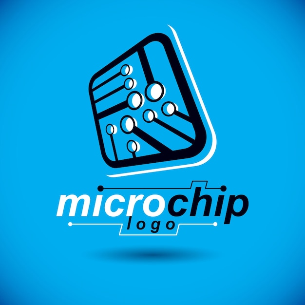 Vector microchip design, cpu. Information communication technology element, circuit board in square shape. Microprocessor scheme abstract logo.