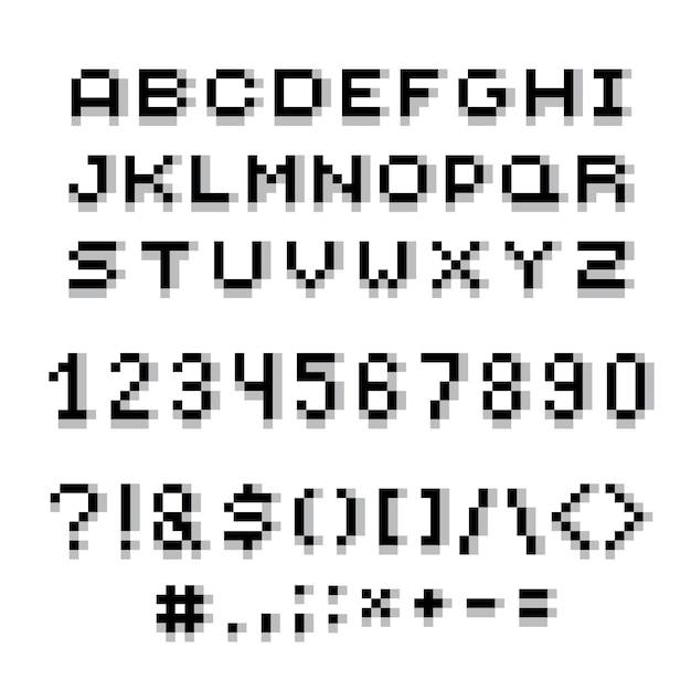 Vector modern numbers, letters and punctuation marks created in technology style. Geometric pixilated digits and font, 3d dotted 8 bit numeration from 0 to 9.