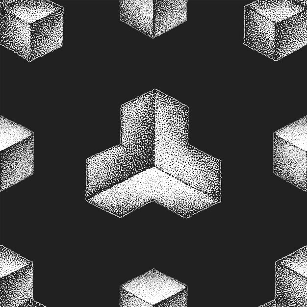 Vector monochrome white retro dot art hand drawn cubical geometric volumetric blackwork design vintage tattoo style decoration shape illustration black background seamless pattern