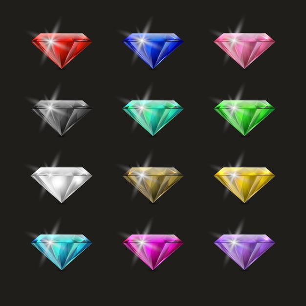 Vector Multi Colored 3d Realistic Transparent Trangle Glowing Gemstones Diamonds Crystals Rhinestones Closeup Isolated Jewerly Concept Design Template