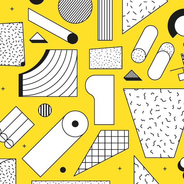 Vector Neo Memphis composition 80 90 vintage style yellow black white This bold blocks image for memorable brand identity sticker wallpaper cards posters packaging tshirts magazine leaflet billboard