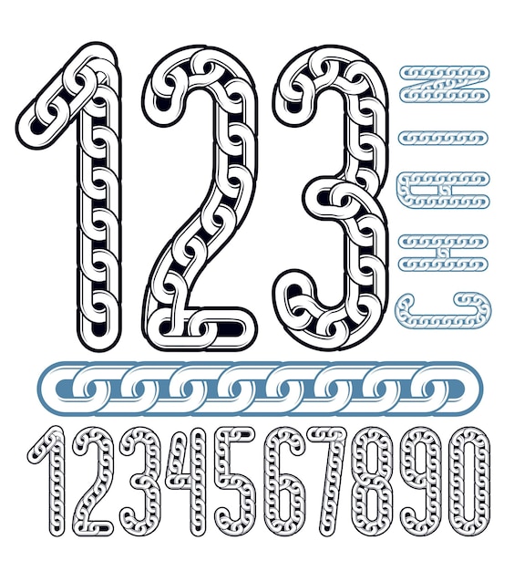 vector numerals collection. funky numbers for use as poster design elements. made with steel chain link, joined link.