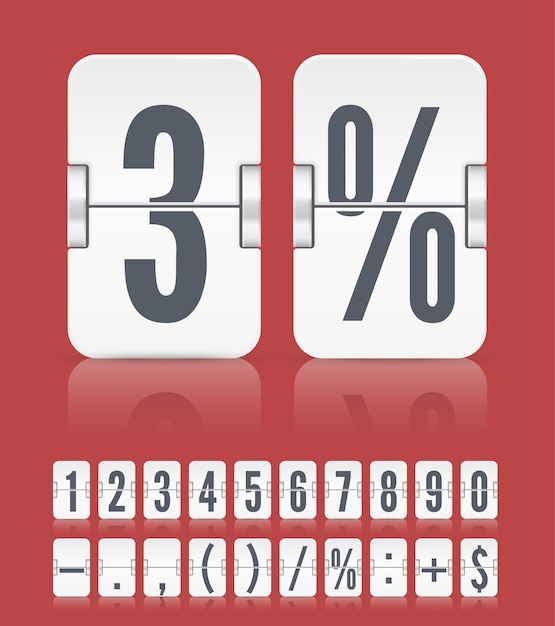 Vector numeric flip scoreboard with symbols and reflections for white countdown timer or web page watch or calendar isolated on red