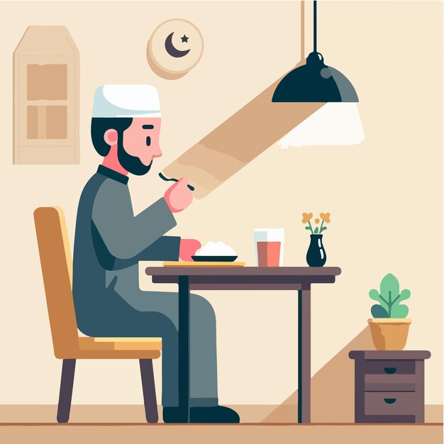 Vector of a Muslim man eating Ramadan vibes month of Ramadan