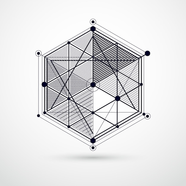 Vector of abstract geometric 3D cube pattern and black and white background. Layout of cubes, hexagons, squares, rectangles and different abstract elements.