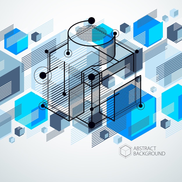 Vector of abstract geometric 3D cube pattern and blue background. Layout of cubes, hexagons, squares, rectangles and different abstract elements.
