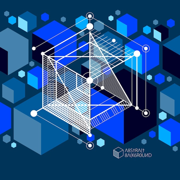 Vector of abstract geometric 3D cube pattern and dark blue background. Layout of cubes, hexagons, squares, rectangles and different abstract elements.
