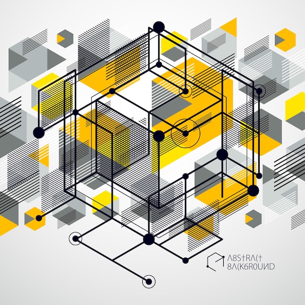 Vector of abstract geometric 3D cube pattern and yellow background. Layout of cubes, hexagons, squares, rectangles and different abstract elements.