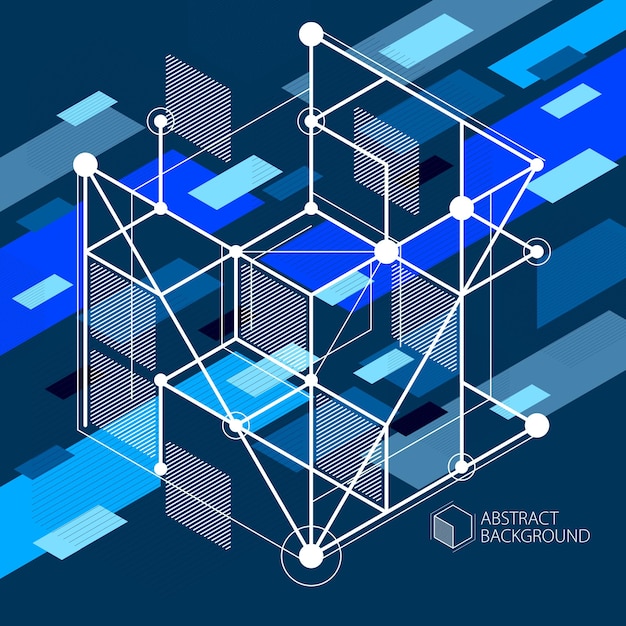 Vector of modern abstract cubic lattice lines blue black background. Layout of cubes, hexagons, squares, rectangles and different abstract elements. Abstract technical 3D background.