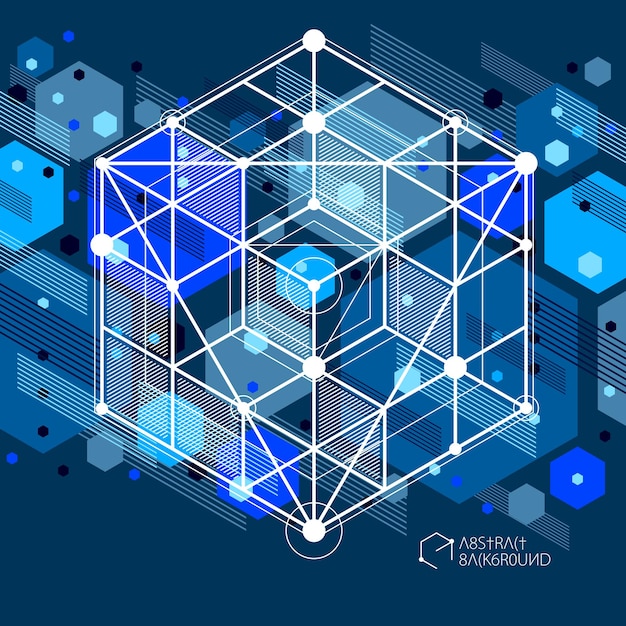 Vector of modern abstract cubic lattice lines blue black background. Layout of cubes, hexagons, squares, rectangles and different abstract elements. Abstract technical 3D background.
