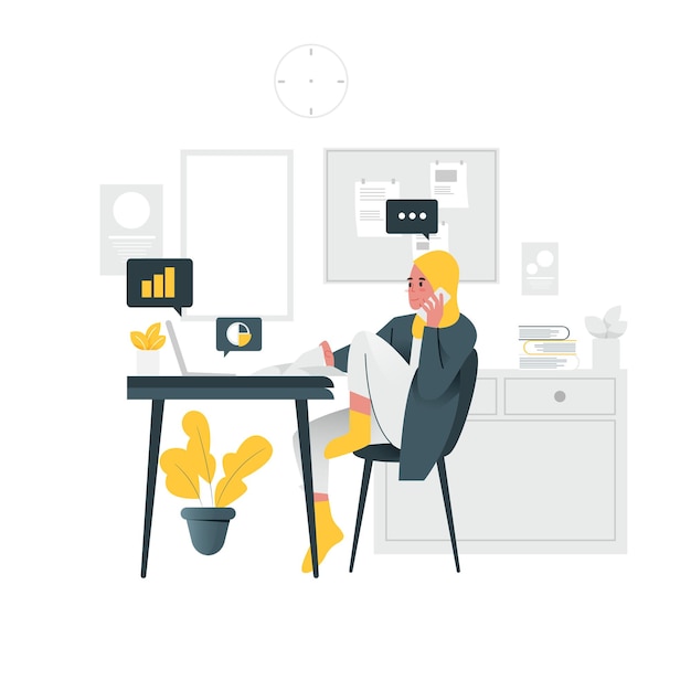 Vector of Muslim woman working on her desk while calling her partner in office room