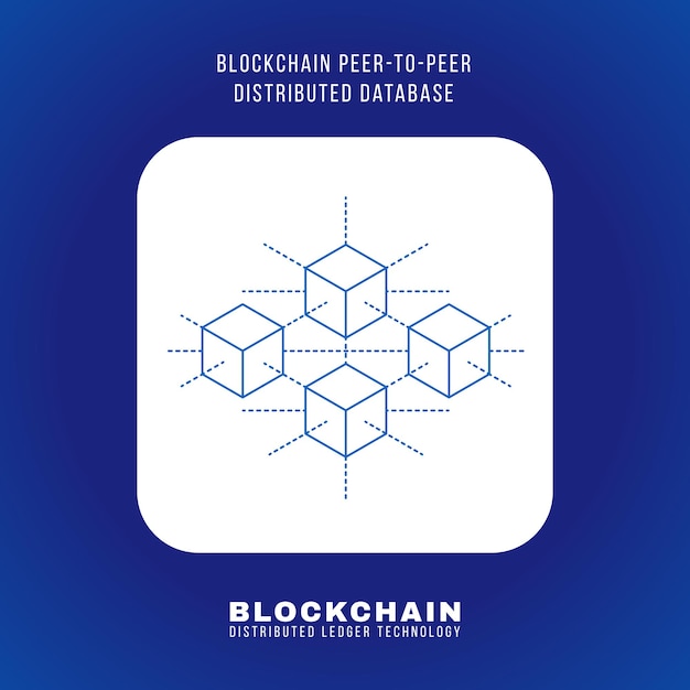 Vector outline design blockchain peer-to-peer distributed database principle explain scheme illustration white rounded square icon isolated blue background