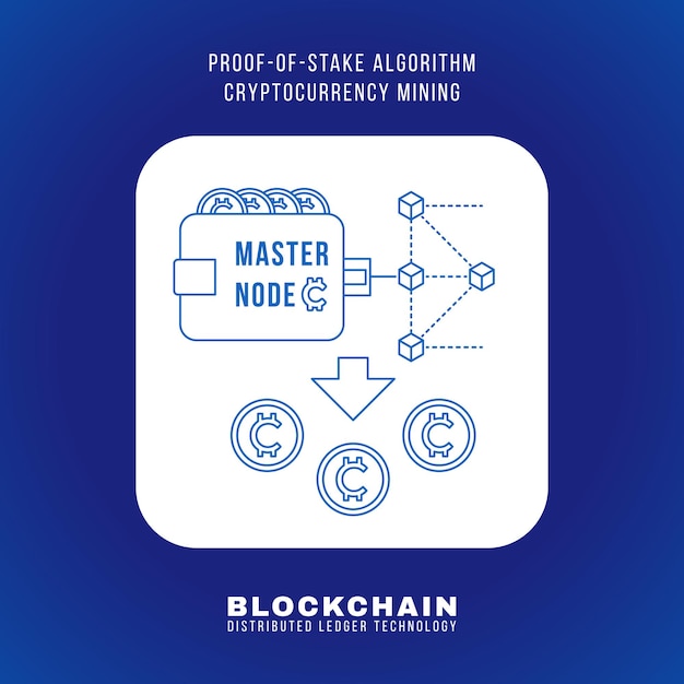 Vector outline design blockchain proof of stake algorithm cryptocurrency POS mining principle explain scheme illustration white rounded square icon isolated blue background