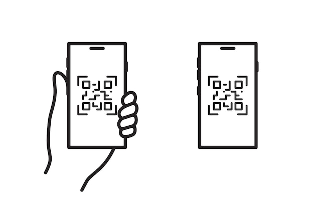 Vector outline of a hand holding a smartphone with a QR code displayed alongside a standalone phone