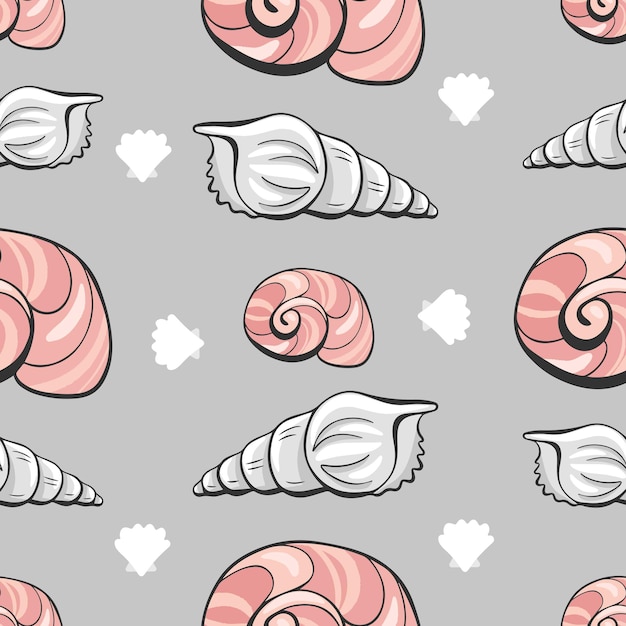 Vector pattern of cone shells and sea snails in cartoon comic style