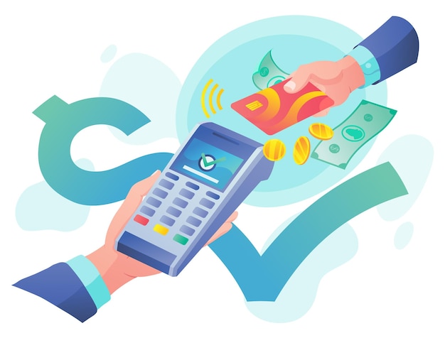 Vector payment machine and credit card POS terminal confirms the payment by debit credit card invoce Vector illustration in flat design NFC payments concept Isometric NFC payments concept