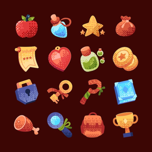 vector pixel games assets and art element set video game pixelated item