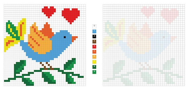 vector, pixel illustration bright bird on branch, embroidery, coloring by cells for development kids