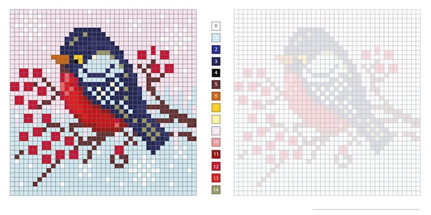 vector pixel illustration, bullfinch, coloring, embroidery design, mosaic, creativity, imagination