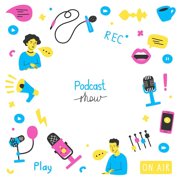 Vector podcasts banner with copy space  Bright vector illustration in a flat style