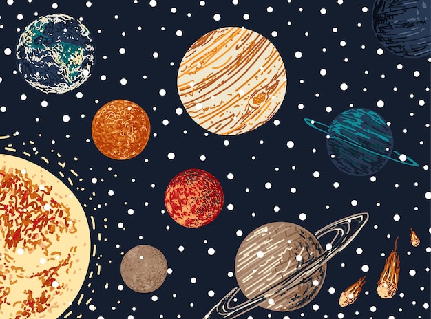 vector postcard in handdrawn style with outer space cute template with planets sun moon