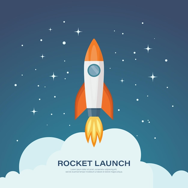 Vector Retro Red and White Space Rocket Ship Launch on Space Sky Background Space Rocket