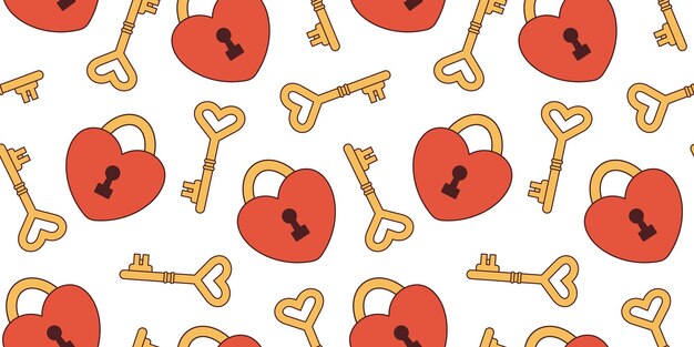 Vector retro seamless pattern with heart shaped gold key and red lock Valentines day Love and romance Background in y2k or 70s style Pattern with hearts