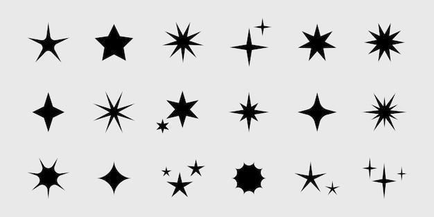 Vector retro set of futuristic sparkle star icons Y2k abstract signs Collection of star shapes Abstract cool shine 70s 80s 90s design elements
