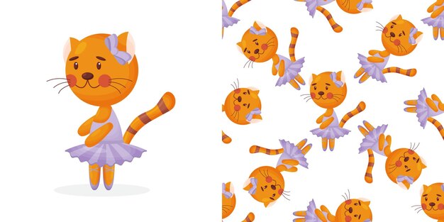 Vector seamless pattern in child style with a cat ballerina