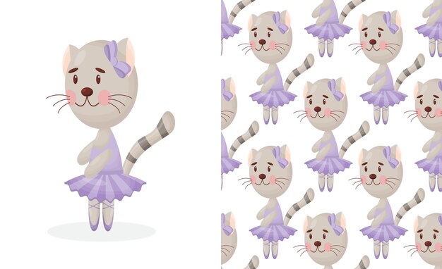 Vector seamless pattern in child style with a cat ballerina