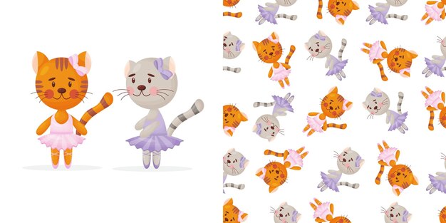 Vector seamless pattern in child style with a cat ballerina
