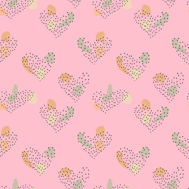 vector seamless pattern of colored spots with lines and hearts with polka dots beige on colored background