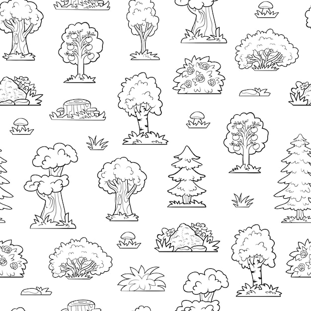 Vector seamless pattern, trees and bushes. Colorless forest