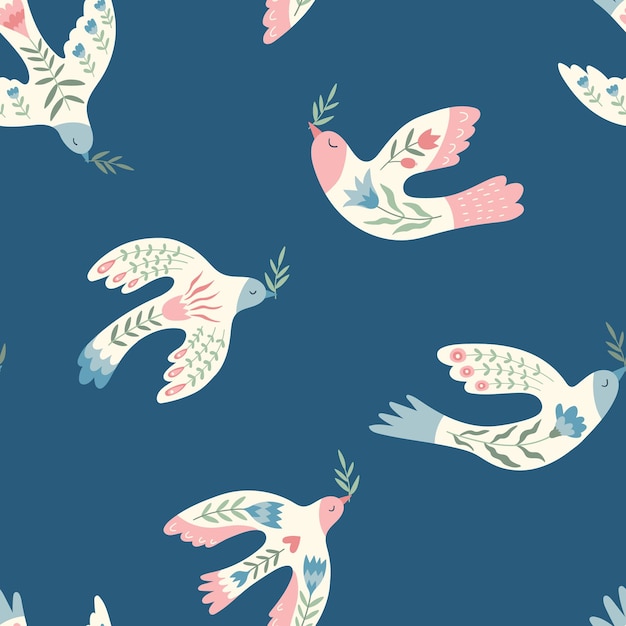 Vector seamless pattern with birds flowers laurel branches in folklore style Doves of peace
