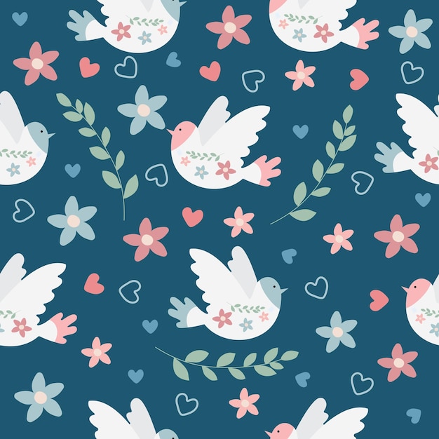Vector seamless pattern with birds flowers leaves in folk style Doves of peace For textiles