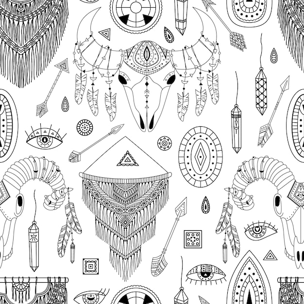 vector seamless pattern with boho illustrations. bohemian background. line art, outlines.