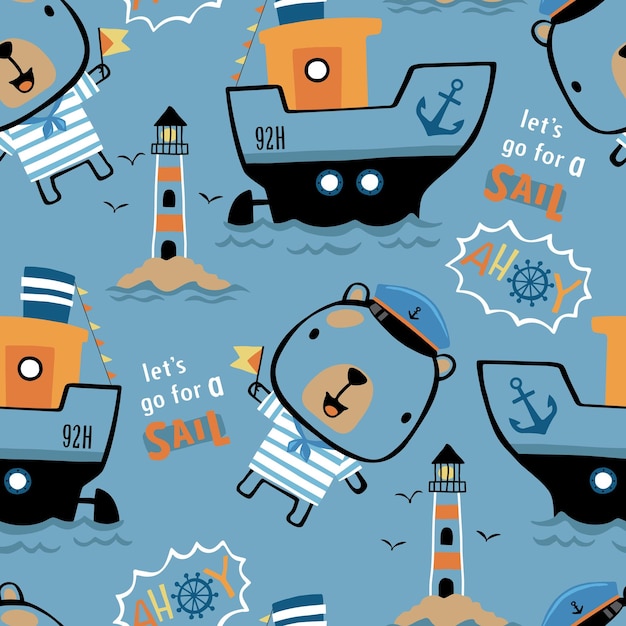 Vector seamless pattern with cartoon teddy bear sailor and sailing elements