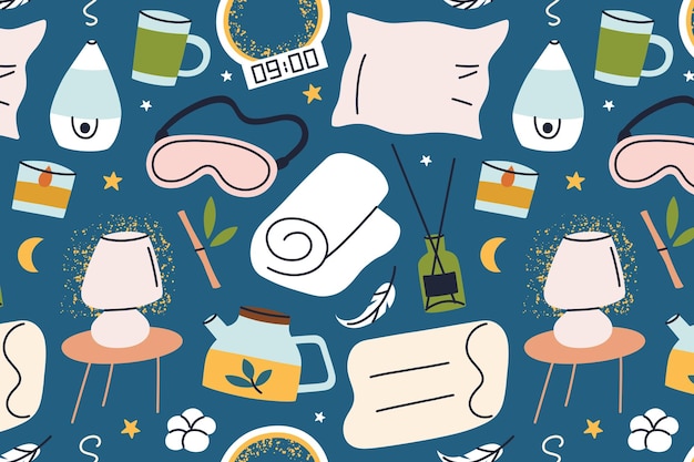 Vector seamless pattern with cozy sleep related items pillows blankets eye masks doodles relaxing