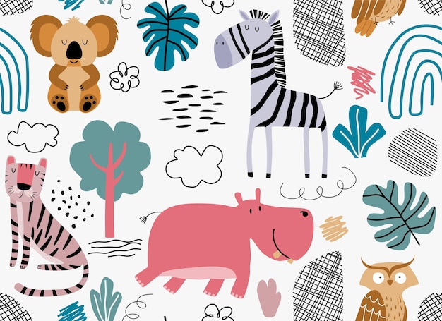Vector seamless pattern with cute animal