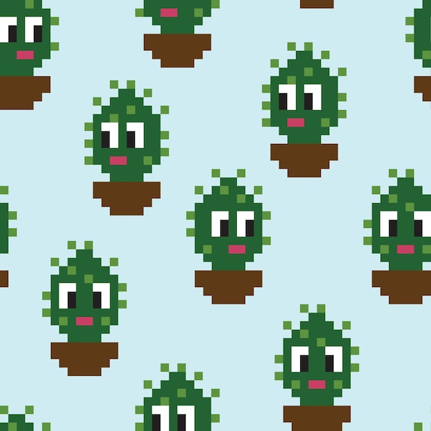 vector seamless pattern with cute cartoonish cacti in pixel art style