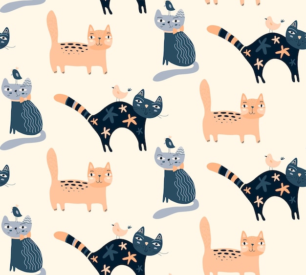 Vector seamless pattern with cute cats in simple flat style