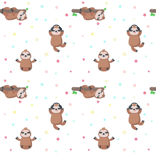 vector seamless pattern with cute lazy sloths