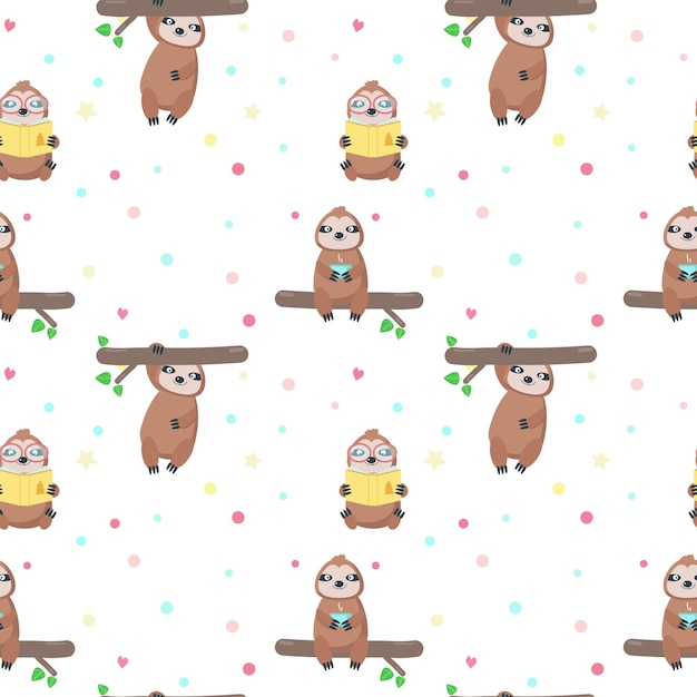 vector seamless pattern with cute lazy sloths