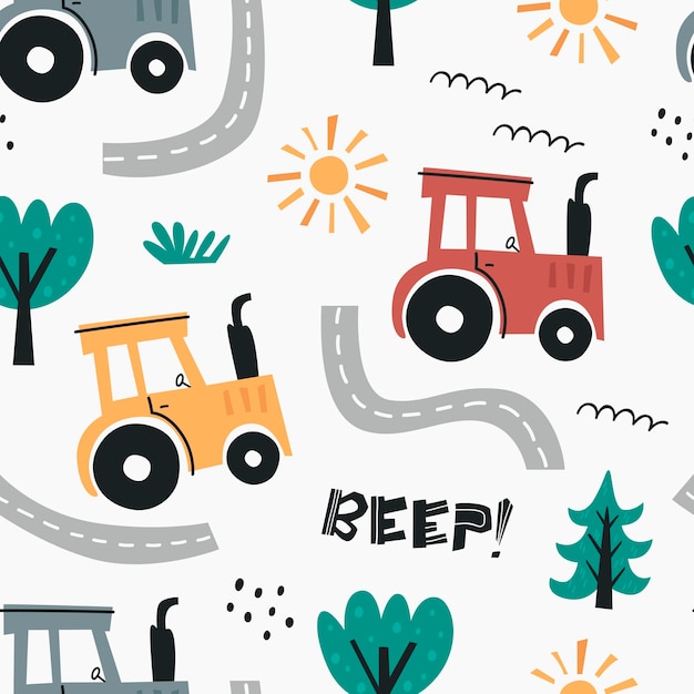 Vector seamless pattern with cute tractors Pattern for bedroom wallpaper kids and baby wear