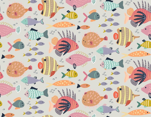 Vector seamless pattern with different colorful exotic fish