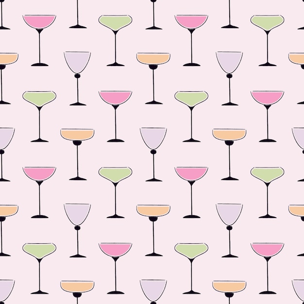 Vector seamless pattern with elegant textured wine glasses Sketch Retro style